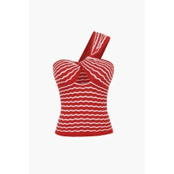 Commense Red White Wavy Stripe One Shoulder Twist Knot Knit Top NWT - Picture 1 of 8